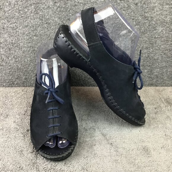 Natural Sport Navy Blue Sandal Wedge Heel Nubuck Leather Peep Toe Size 7M - Picture 1 of 8